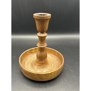 Vintage Candlestick Holder Wax Drip Catch Wooden Handmade 5.5"x5"